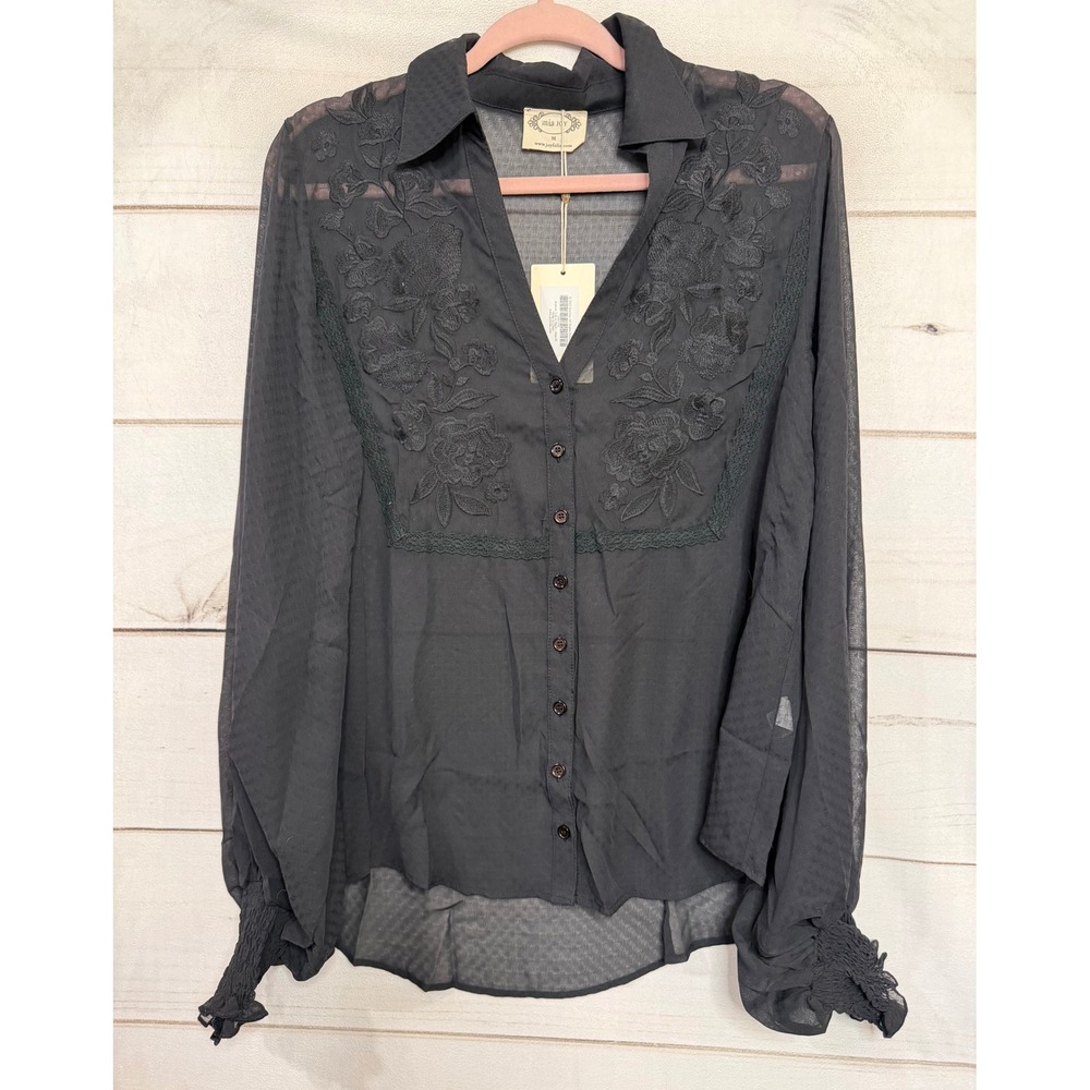 Mia Joy Women's Black Embroidered Sheer Long Sleeve‎ Collared Button Up Top Sz M